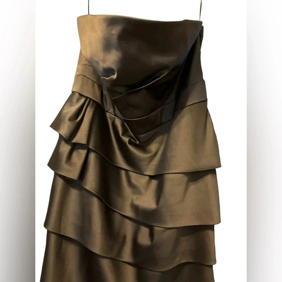 JS Collection Black Satin Strapless Dress Tiered Skirt Knee Length Size 10 - Picture 3 of 6